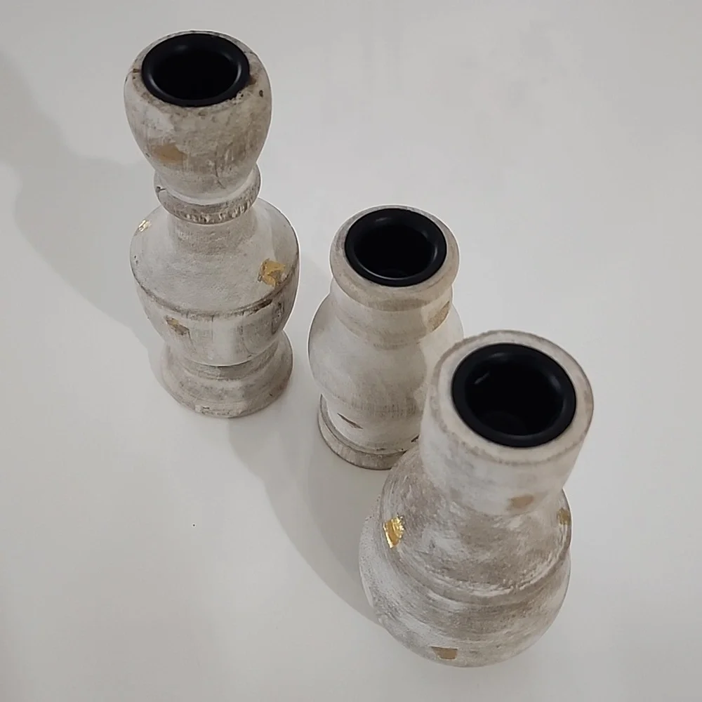 World Market Whitewash And Gold Bottle Taper Candle Holders NWT - Picture 6 of 7